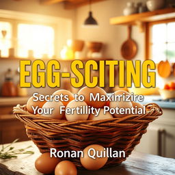 A realistic and vibrant kitchen scene filled with warmth and sunlight, showcasing a rustic basket brimming with fresh eggs