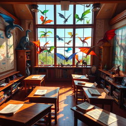 A vibrant dragonology classroom filled with colorful dragons displayed in large windows