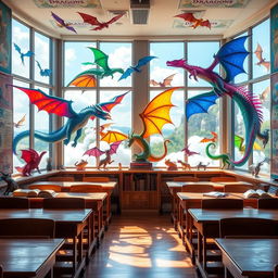 A vibrant dragonology classroom filled with colorful dragons displayed in large windows