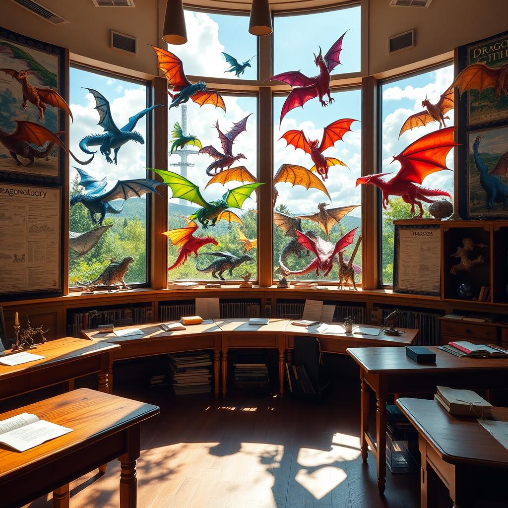 A vibrant dragonology classroom filled with colorful dragons displayed in large windows