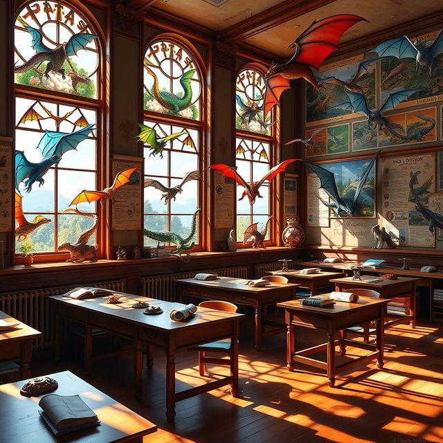 A vibrant dragonology classroom filled with colorful dragons displayed in large windows