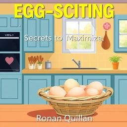 A realistic illustration of a sunny, vibrant kitchen setting, featuring a basket of eggs prominently placed in the foreground