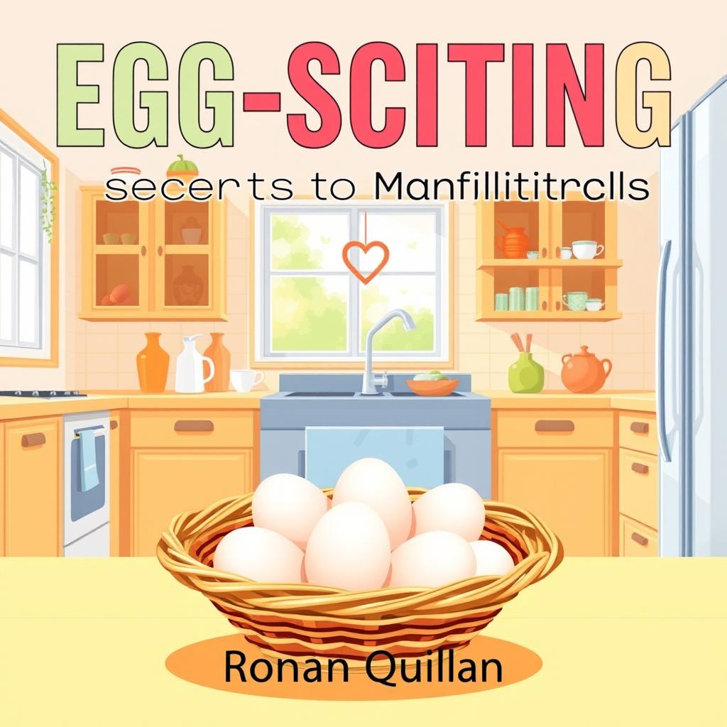 A realistic illustration of a sunny, vibrant kitchen setting, featuring a basket of eggs prominently placed in the foreground