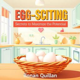 A realistic illustration of a sunny, vibrant kitchen setting, featuring a basket of eggs prominently placed in the foreground