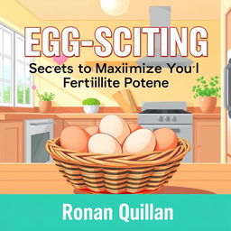A realistic illustration of a sunny, vibrant kitchen setting, featuring a basket of eggs prominently placed in the foreground