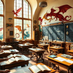 A detailed dragonology classroom filled with dragon-themed decorations and educational materials