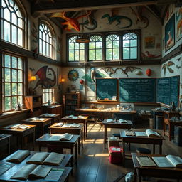 A detailed dragonology classroom filled with dragon-themed decorations and educational materials