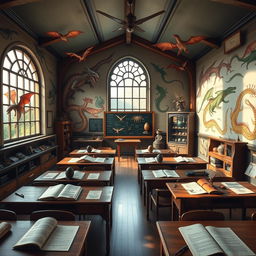 A detailed dragonology classroom filled with dragon-themed decorations and educational materials
