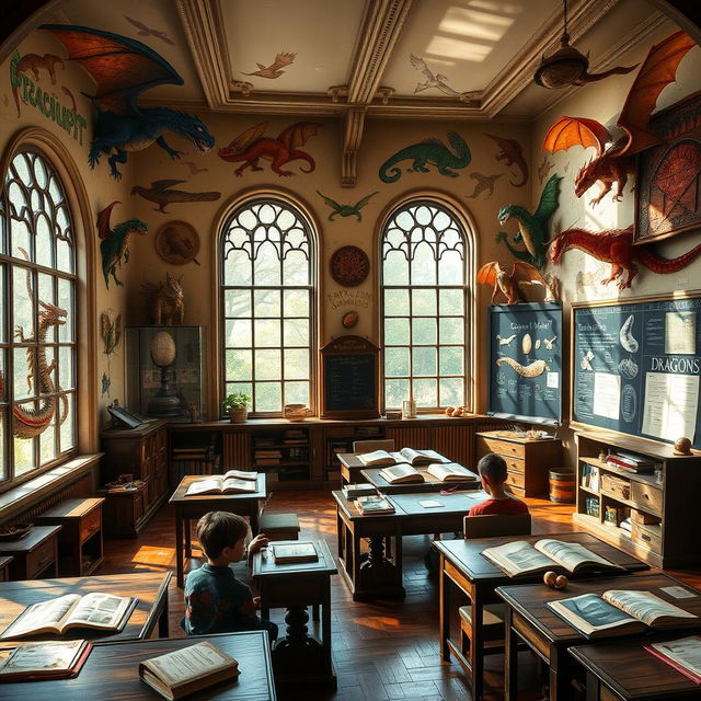 A detailed dragonology classroom filled with dragon-themed decorations and educational materials