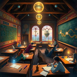 A vibrant and mystical arithmancy classroom filled with colorful charts and arcane symbols on the walls