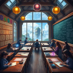 A vibrant and mystical arithmancy classroom filled with colorful charts and arcane symbols on the walls