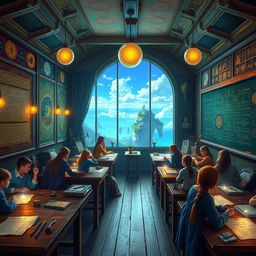 A vibrant and mystical arithmancy classroom filled with colorful charts and arcane symbols on the walls