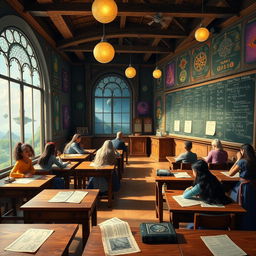 A vibrant and mystical arithmancy classroom filled with colorful charts and arcane symbols on the walls
