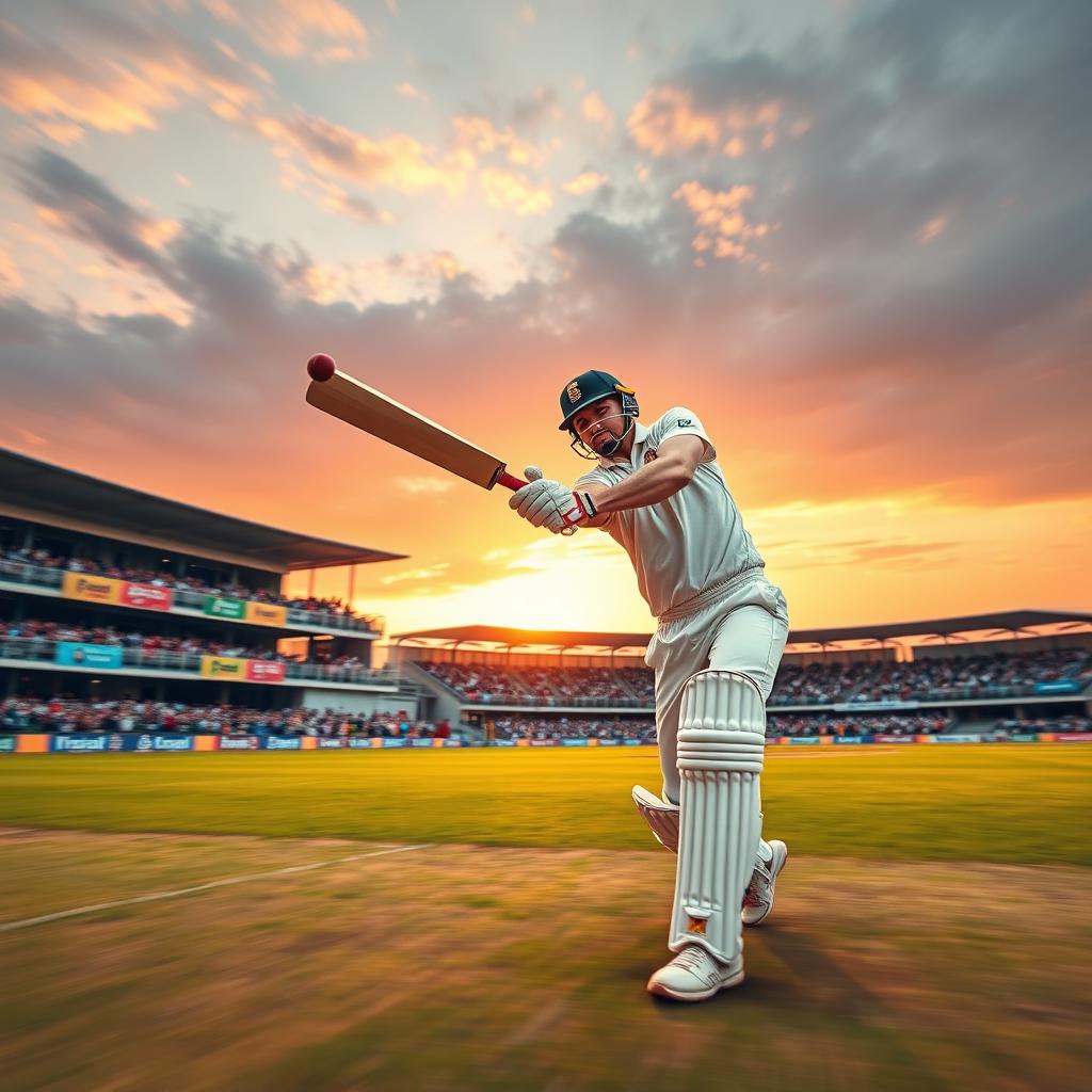 A dynamic action shot of a cricketer in full swing, executing a perfect cover drive on a lush green cricket field