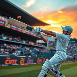 A dynamic action shot of a cricketer in full swing, executing a perfect cover drive on a lush green cricket field