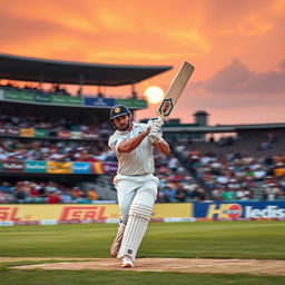 A dynamic action shot of a cricketer in full swing, executing a perfect cover drive on a lush green cricket field