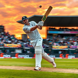 A dynamic action shot of a cricketer in full swing, executing a perfect cover drive on a lush green cricket field