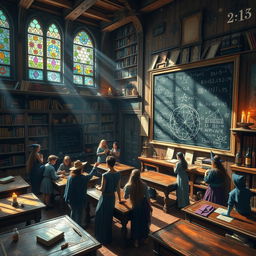 A vibrant and enchanting classroom of Arithmancy, filled with mystical symbols and numbers floating in the air
