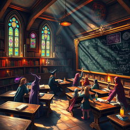 A vibrant and enchanting classroom of Arithmancy, filled with mystical symbols and numbers floating in the air