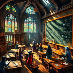 A vibrant and enchanting classroom of Arithmancy, filled with mystical symbols and numbers floating in the air
