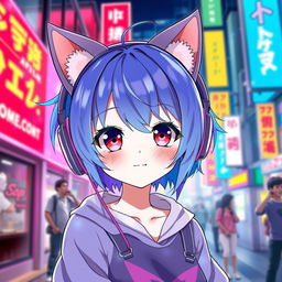 An anime-style character wearing oversized, cute cat ear headphones, with vibrant, colorful hair and expressive eyes