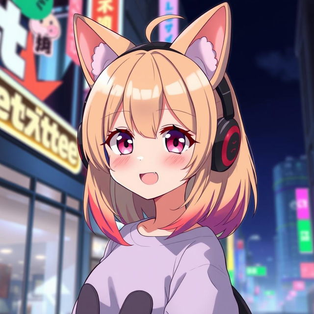 An anime-style character wearing oversized, cute cat ear headphones, with vibrant, colorful hair and expressive eyes