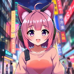 An anime-style character wearing oversized, cute cat ear headphones, with vibrant, colorful hair and expressive eyes