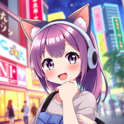 An anime-style character wearing oversized, cute cat ear headphones, with vibrant, colorful hair and expressive eyes