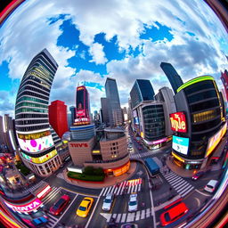 A vibrant city skyline viewed through a fish-eye lens, showcasing exaggerated curved perspectives and a sense of depth