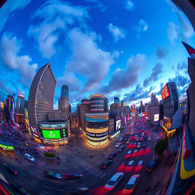 A vibrant city skyline viewed through a fish-eye lens, showcasing exaggerated curved perspectives and a sense of depth