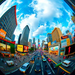 A vibrant city skyline viewed through a fish-eye lens, showcasing exaggerated curved perspectives and a sense of depth