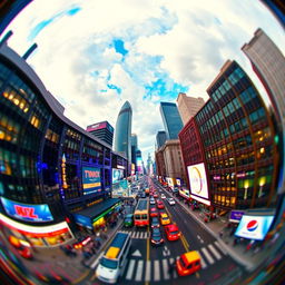 A vibrant city skyline viewed through a fish-eye lens, showcasing exaggerated curved perspectives and a sense of depth