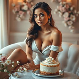 A visually stunning woman with an attractive physique, featuring prominent curves, wearing an elegant outfit that enhances her beauty