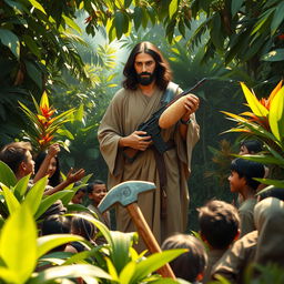 Jesus wearing a simple robe, carrying an AK-47 slung over his shoulder, distributing loaves of bread to hungry people in a dense, lush jungle setting