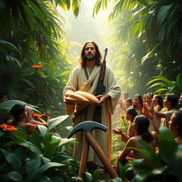 Jesus wearing a simple robe, carrying an AK-47 slung over his shoulder, distributing loaves of bread to hungry people in a dense, lush jungle setting