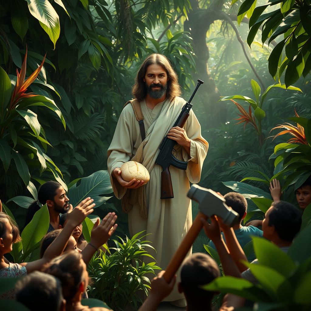 Jesus wearing a simple robe, carrying an AK-47 slung over his shoulder, distributing loaves of bread to hungry people in a dense, lush jungle setting