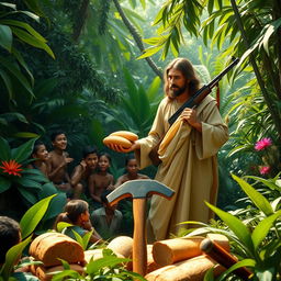 Jesus wearing a simple robe, carrying an AK-47 slung over his shoulder, distributing loaves of bread to hungry people in a dense, lush jungle setting