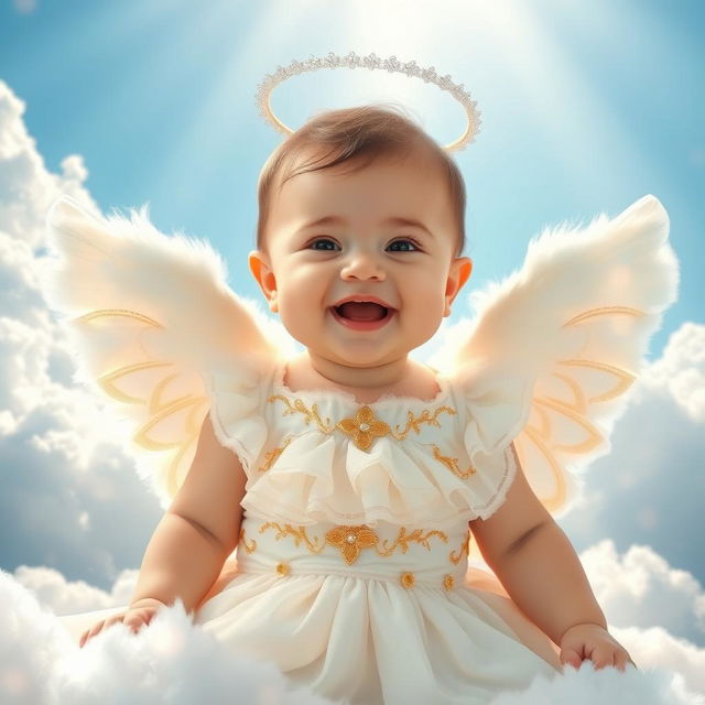 A charming baby dressed in a whimsical angel outfit, complete with fluffy white wings and a sparkling halo