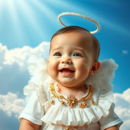 A charming baby dressed in a whimsical angel outfit, complete with fluffy white wings and a sparkling halo