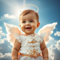 A charming baby dressed in a whimsical angel outfit, complete with fluffy white wings and a sparkling halo