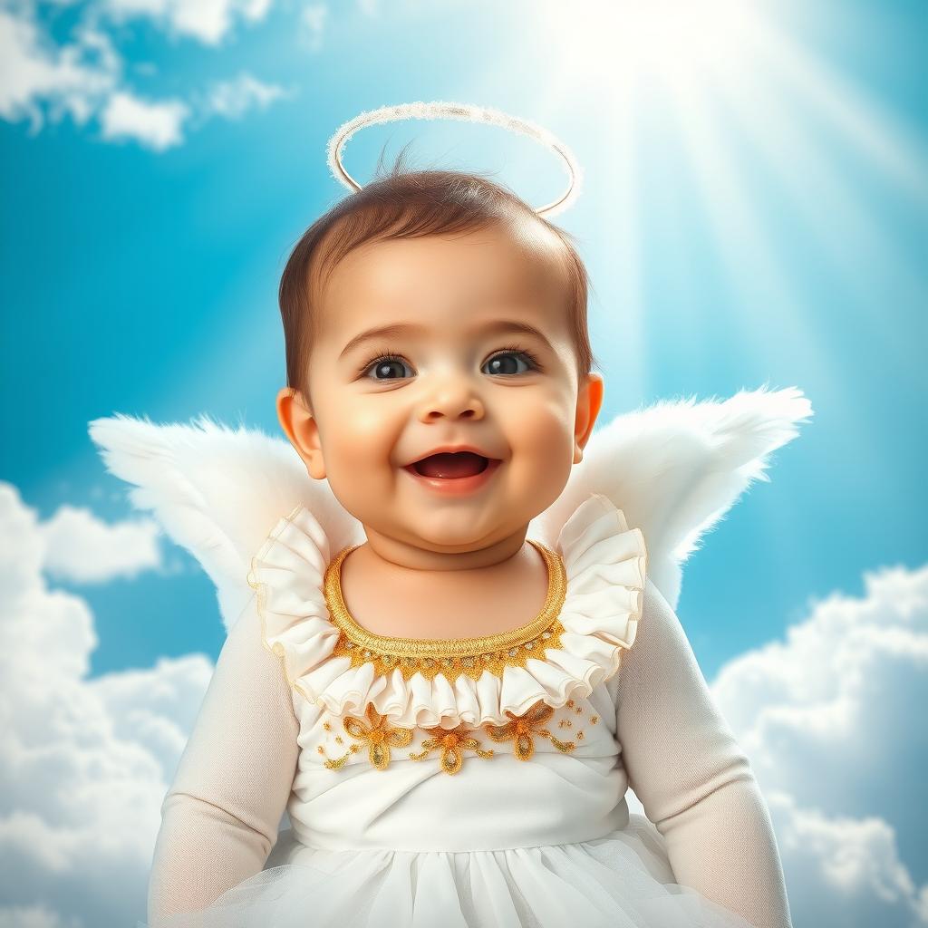 A charming baby dressed in a whimsical angel outfit, complete with fluffy white wings and a sparkling halo