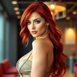 A stunningly beautiful woman with striking red hair, resembling a popular actress, striking a confident pose