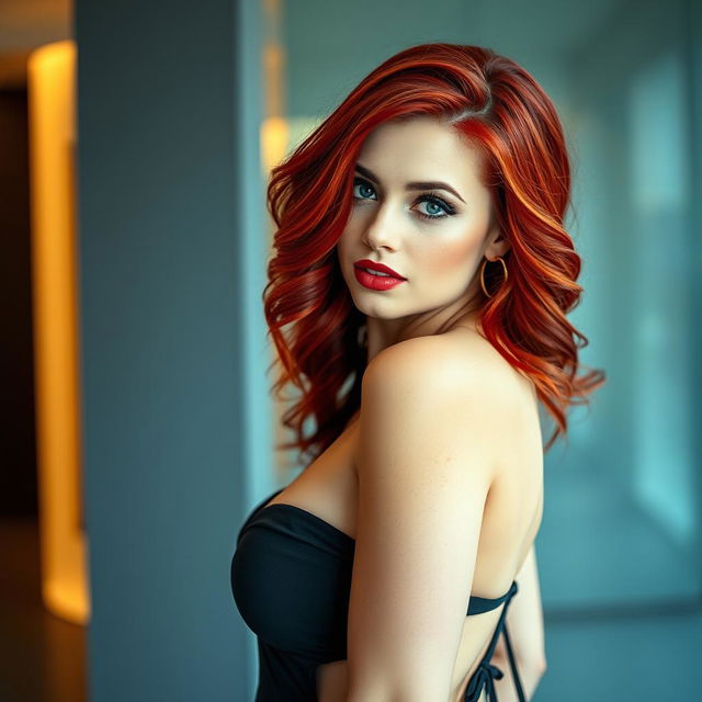 A stunningly beautiful woman with striking red hair, resembling a popular actress, striking a confident pose