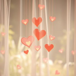 An ethereal scene featuring multiple whimsical hearts floating behind a delicate, sheer veil