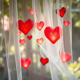 An ethereal scene featuring multiple whimsical hearts floating behind a delicate, sheer veil