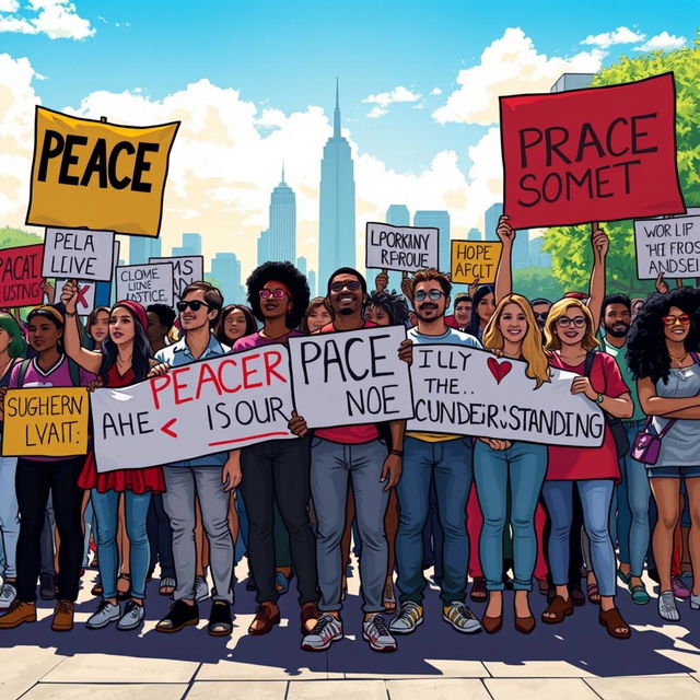 A powerful depiction of resilience and unity, illustrating a diverse group of individuals standing together in peaceful protest