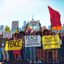 A powerful depiction of resilience and unity, illustrating a diverse group of individuals standing together in peaceful protest