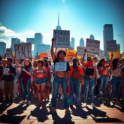 A powerful depiction of resilience and unity, illustrating a diverse group of individuals standing together in peaceful protest