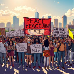 A powerful depiction of resilience and unity, illustrating a diverse group of individuals standing together in peaceful protest