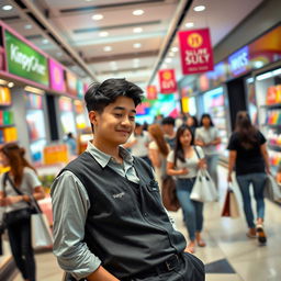 A scene depicting a tired worker in a bustling mall, surrounded by shoppers and vibrant store displays